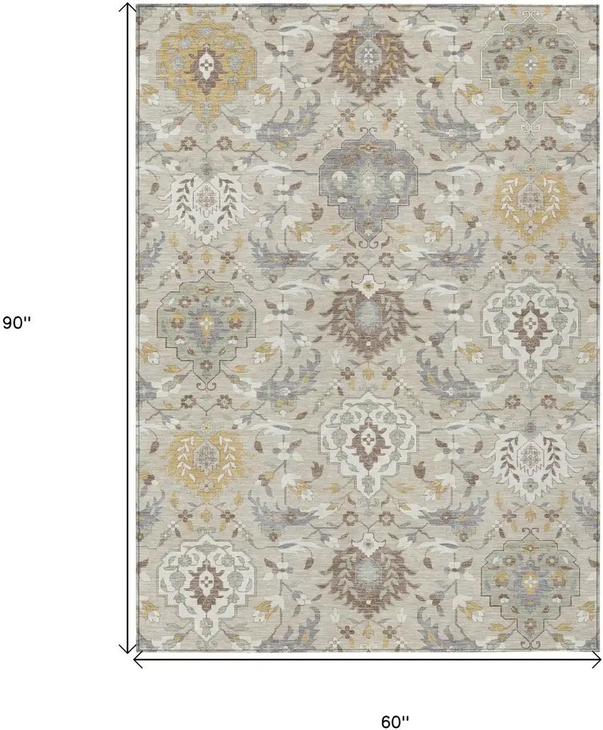 Beige Brown And Green Damask Washable Indoor Outdoor Area Rug Photo 3