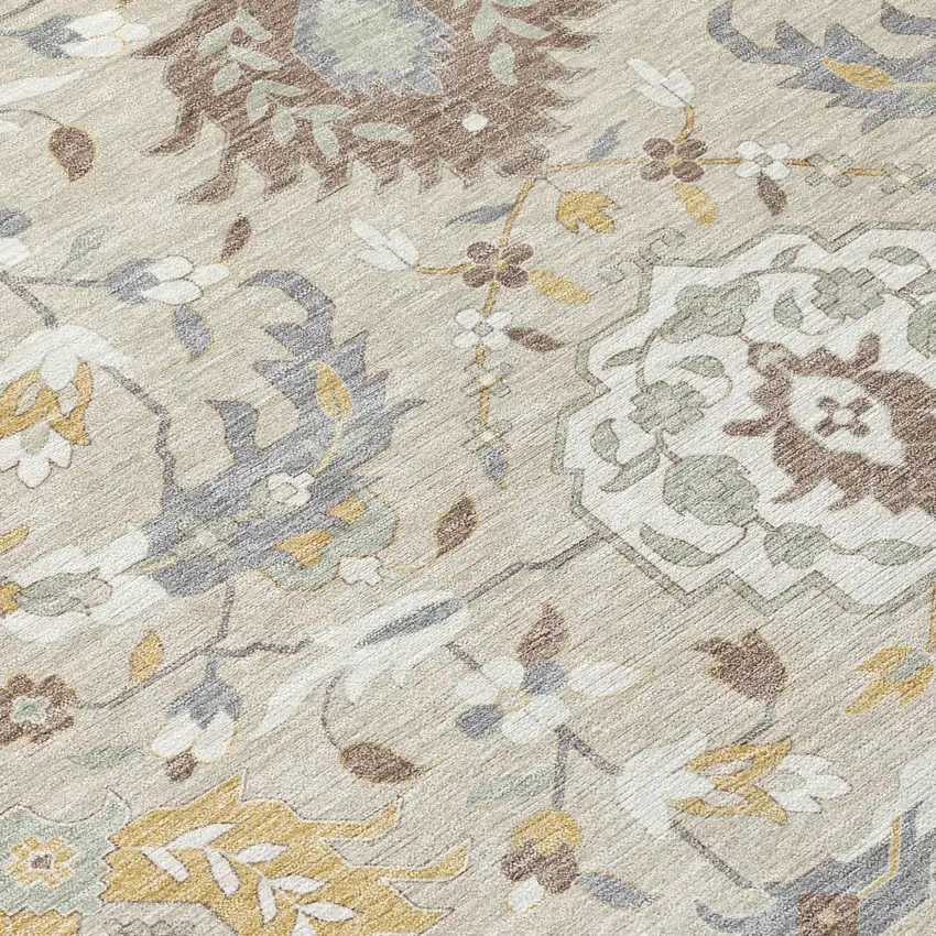 Beige Brown And Green Damask Washable Indoor Outdoor Area Rug Photo 6