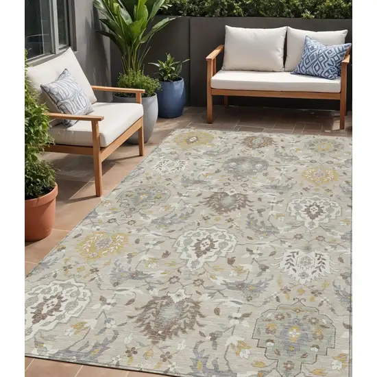 Beige Brown And Green Damask Washable Indoor Outdoor Area Rug Photo 1
