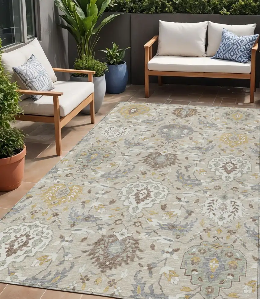 Beige Brown And Green Damask Washable Indoor Outdoor Area Rug Photo 1