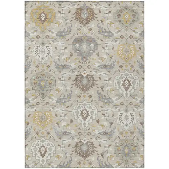 Beige Brown And Green Damask Washable Indoor Outdoor Area Rug Photo 2