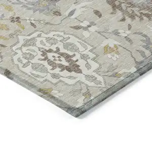 Photo of Beige Brown And Green Damask Washable Indoor Outdoor Area Rug