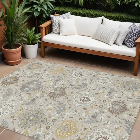 Beige Brown And Green Damask Washable Indoor Outdoor Area Rug Photo 1