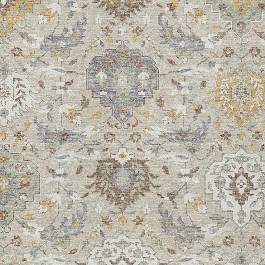 Beige Brown And Green Damask Washable Indoor Outdoor Area Rug Photo 7