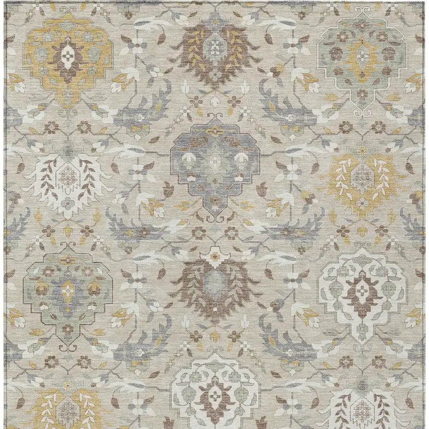 Beige Brown And Green Damask Washable Indoor Outdoor Area Rug Photo 8