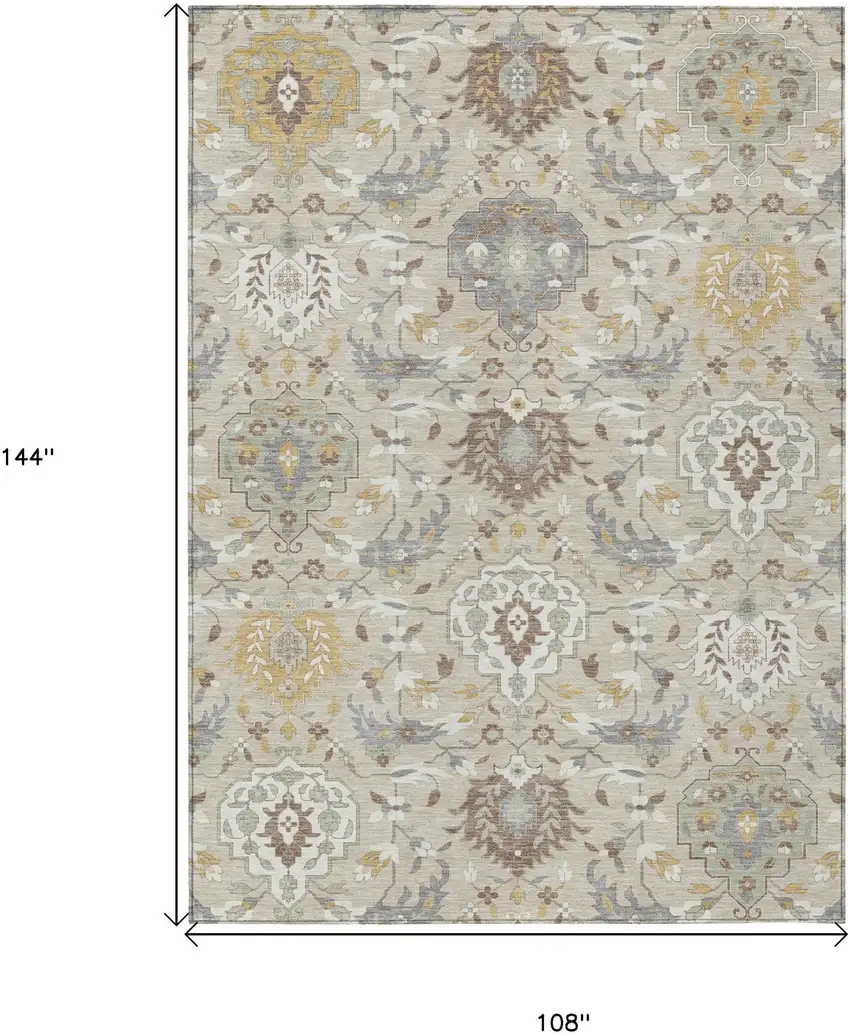 Beige Brown And Green Damask Washable Indoor Outdoor Area Rug Photo 3