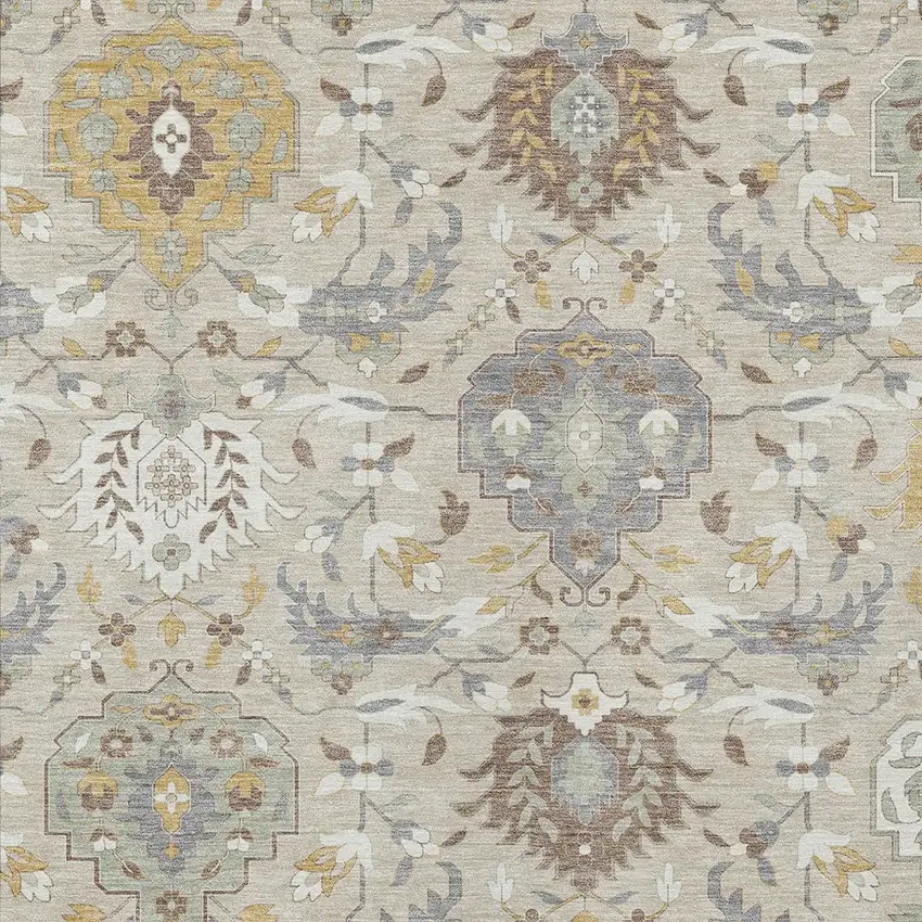 Beige Brown And Green Damask Washable Indoor Outdoor Area Rug Photo 7
