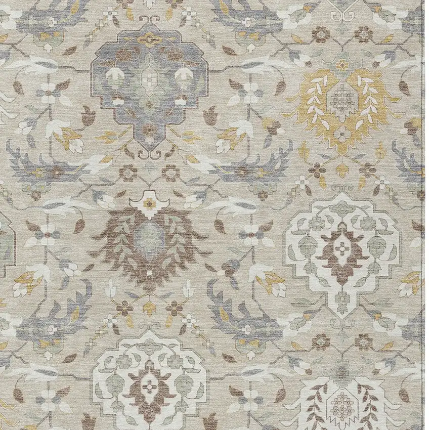 Beige Brown And Green Damask Washable Indoor Outdoor Area Rug Photo 7