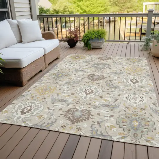 Beige Brown And Green Damask Washable Indoor Outdoor Area Rug Photo 9