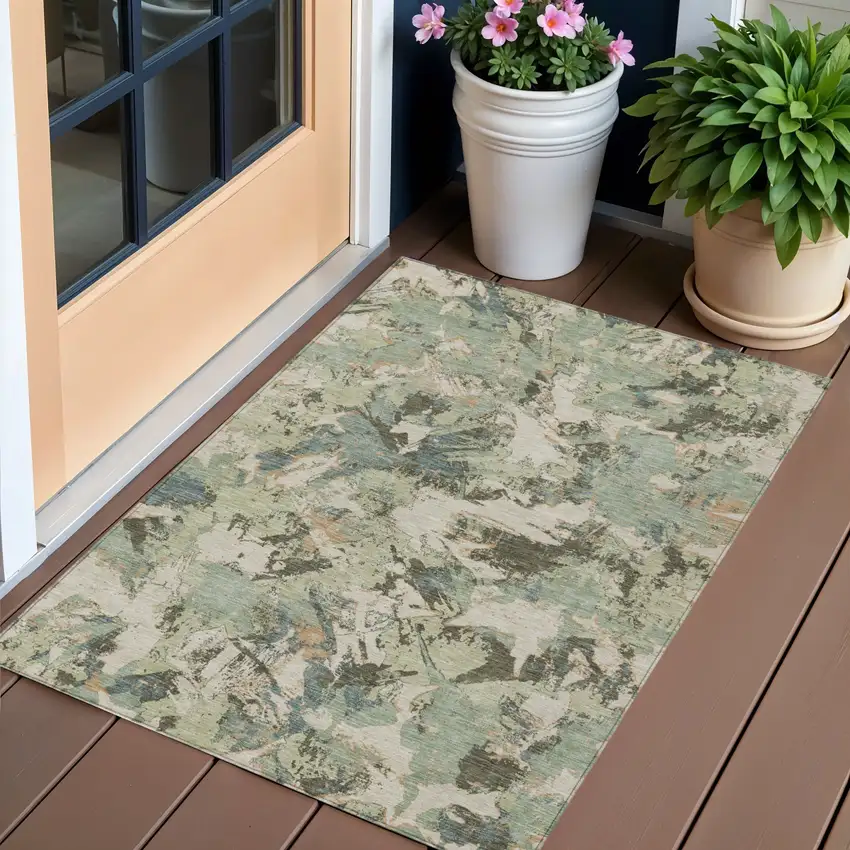 Beige Brown And Green Floral Washable Indoor Outdoor Area Rug Photo 1
