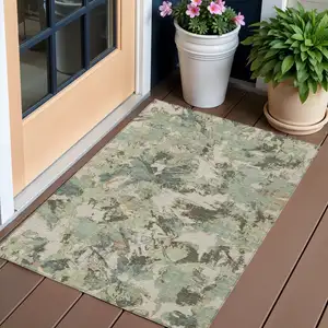 Photo of Beige Brown And Green Floral Washable Indoor Outdoor Area Rug