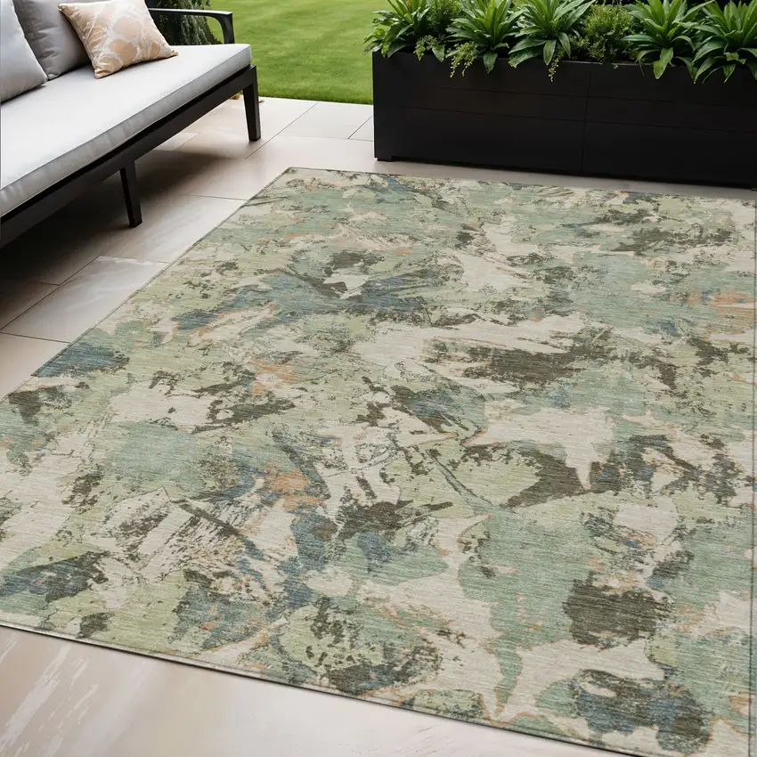 Beige Brown And Green Floral Washable Indoor Outdoor Area Rug Photo 1