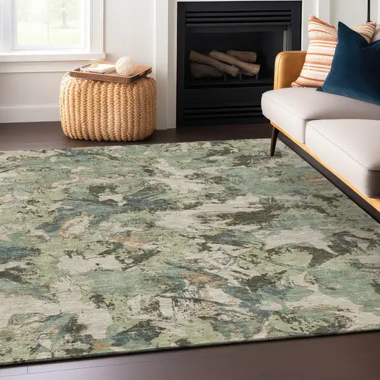 Beige Brown And Green Floral Washable Indoor Outdoor Area Rug Photo 9