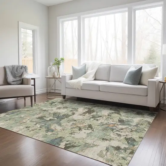 Beige Brown And Green Floral Washable Indoor Outdoor Area Rug Photo 9