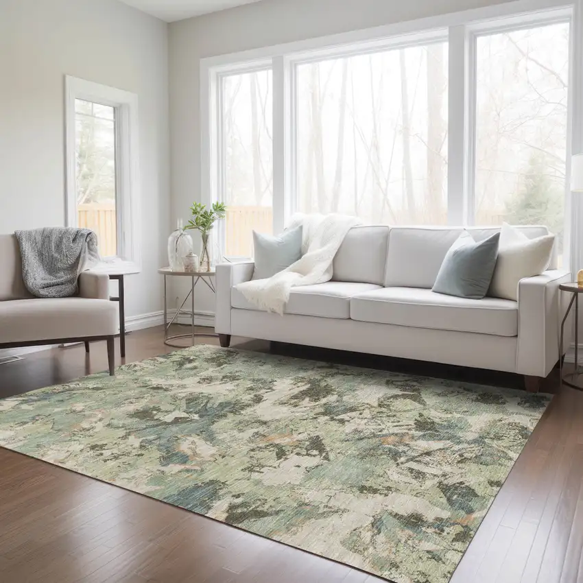 Beige Brown And Green Floral Washable Indoor Outdoor Area Rug Photo 9