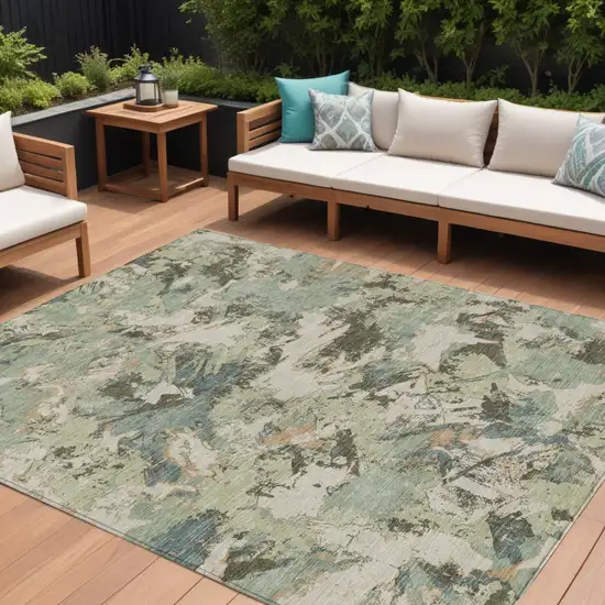 Beige Brown And Green Floral Washable Indoor Outdoor Area Rug Photo 1