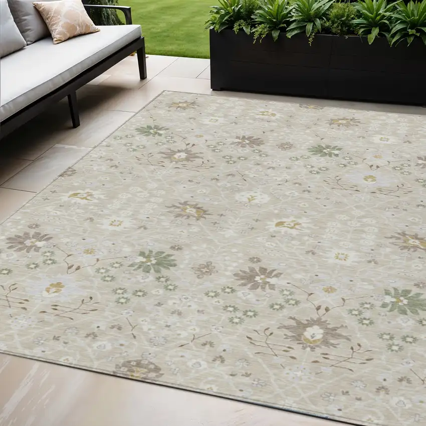 Beige Brown And Green Oriental Washable Indoor Outdoor Area Rug Photo 1