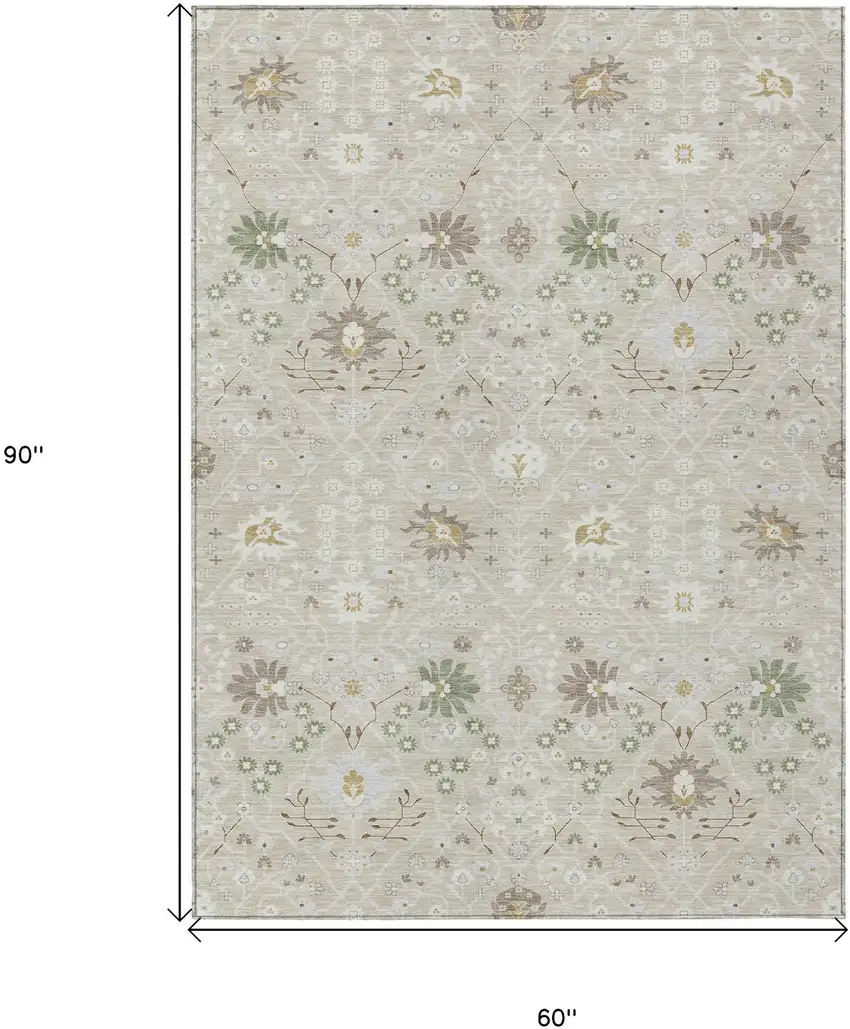 Beige Brown And Green Oriental Washable Indoor Outdoor Area Rug Photo 3