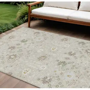 Photo of Beige Brown And Green Oriental Washable Indoor Outdoor Area Rug