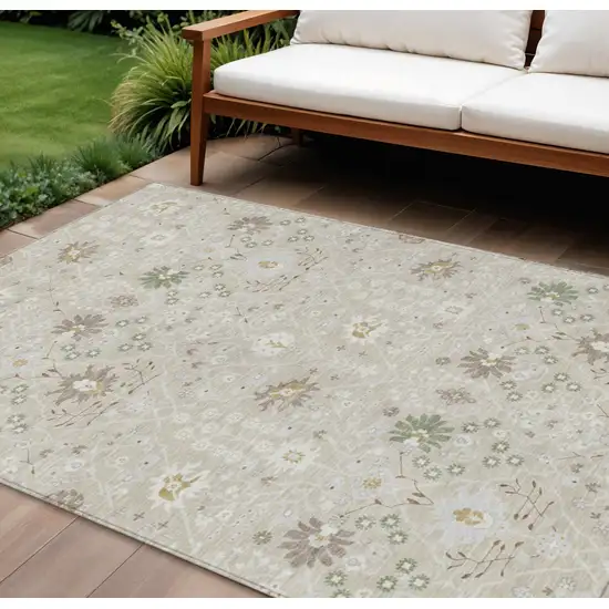 Beige Brown And Green Oriental Washable Indoor Outdoor Area Rug Photo 1