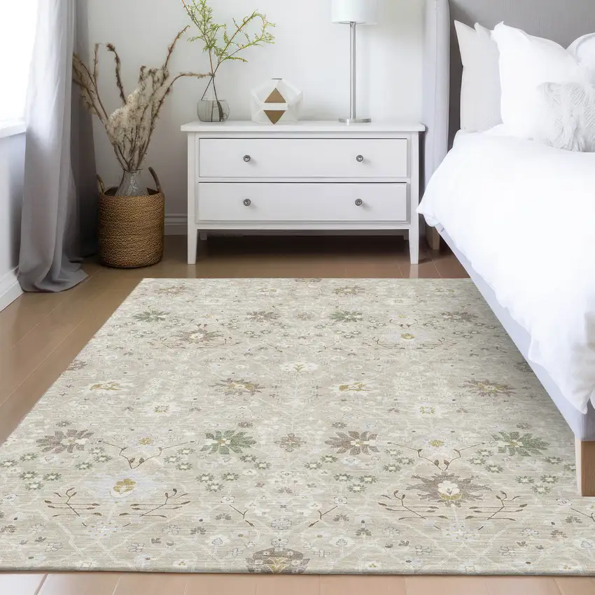 Beige Brown And Green Oriental Washable Indoor Outdoor Area Rug Photo 9