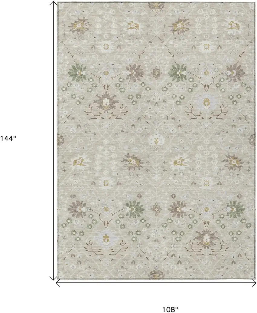 Beige Brown And Green Oriental Washable Indoor Outdoor Area Rug Photo 3