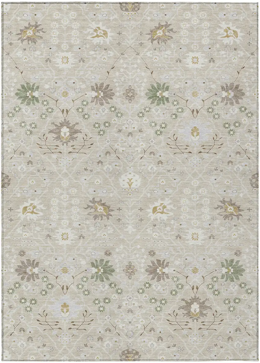 Beige Brown And Green Oriental Washable Indoor Outdoor Area Rug Photo 2