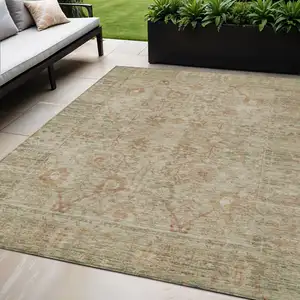 Photo of Beige Brown And Green Oriental Washable Indoor Outdoor Area Rug