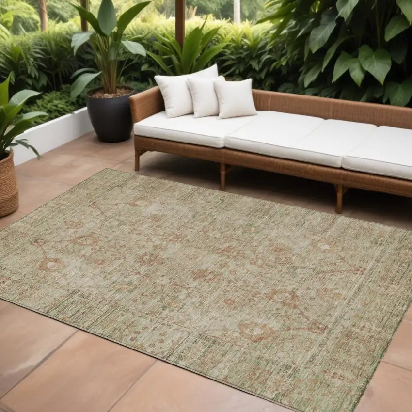 Beige Brown And Green Oriental Washable Indoor Outdoor Area Rug Photo 1