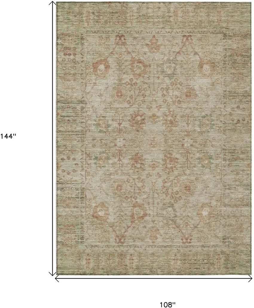 Beige Brown And Green Oriental Washable Indoor Outdoor Area Rug Photo 7