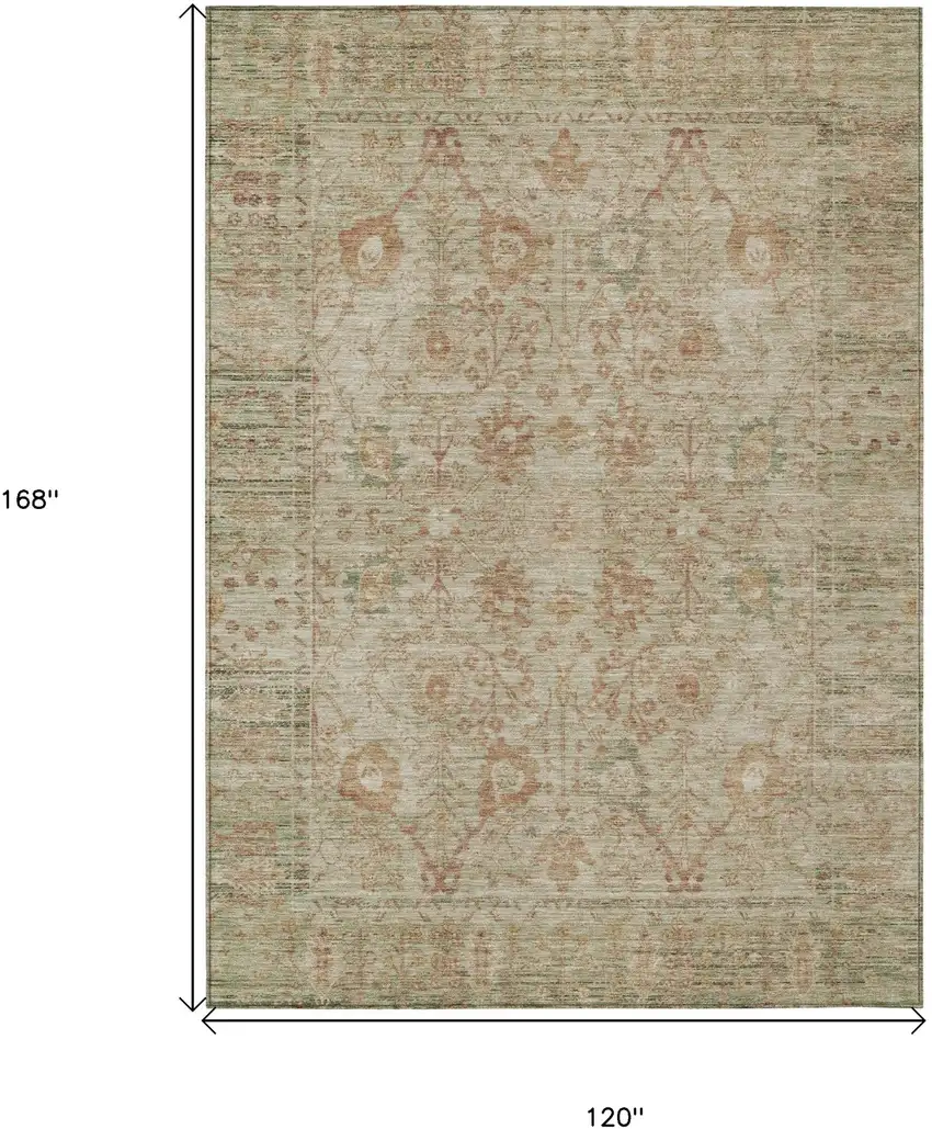 Beige Brown And Green Oriental Washable Indoor Outdoor Area Rug Photo 7