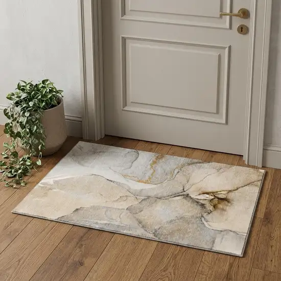Beige Brown And Ivory Abstract Washable Area Rug With UV Protection Photo 1