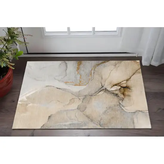 Beige Brown And Ivory Abstract Washable Area Rug With UV Protection Photo 2