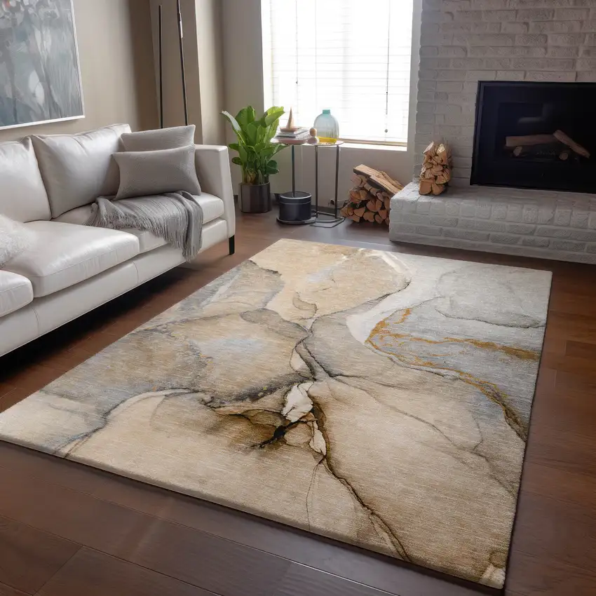 Beige Brown And Ivory Abstract Washable Area Rug With UV Protection Photo 6