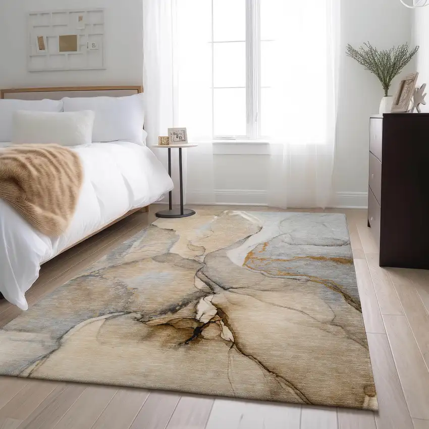 Beige Brown And Ivory Abstract Washable Area Rug With UV Protection Photo 5