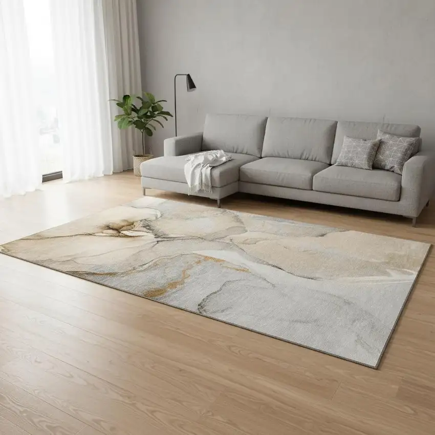 Beige Brown And Ivory Abstract Washable Area Rug With UV Protection Photo 1