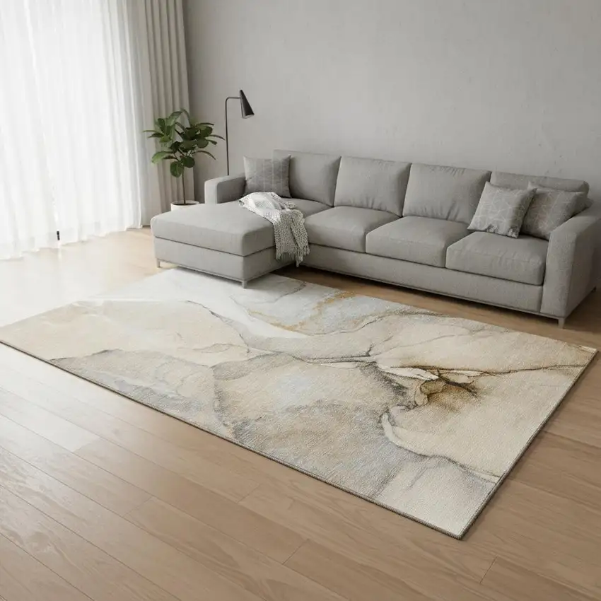 Beige Brown And Ivory Abstract Washable Area Rug With UV Protection Photo 1