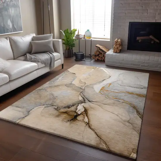 Beige Brown And Ivory Abstract Washable Area Rug With UV Protection Photo 6