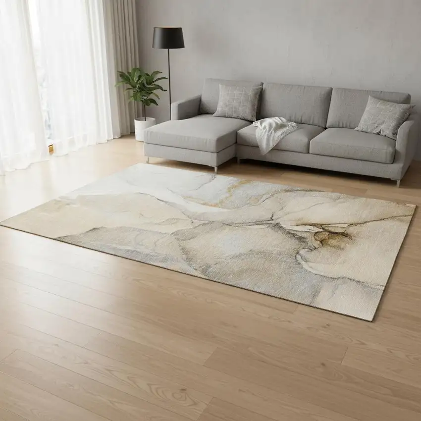 Beige Brown And Ivory Abstract Washable Area Rug With UV Protection Photo 1