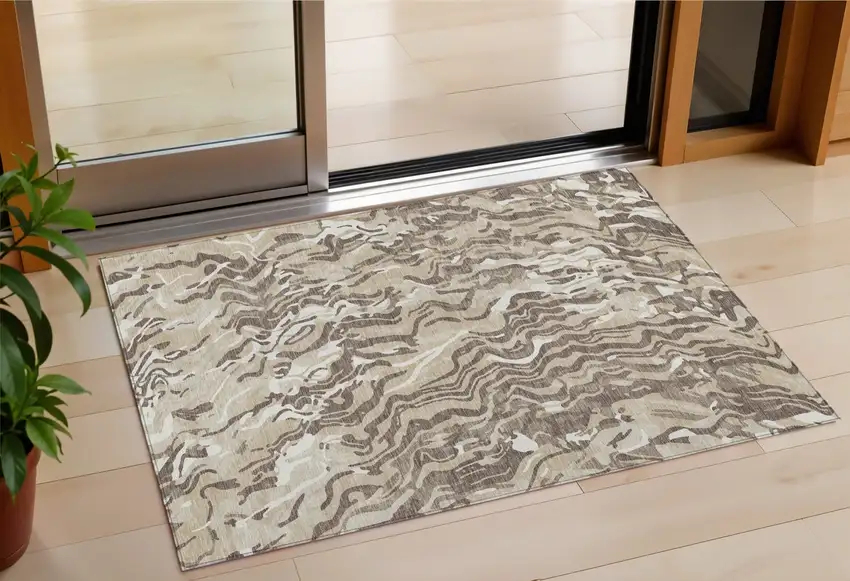Beige Brown And Ivory Abstract Washable Indoor Outdoor Area Rug Photo 1