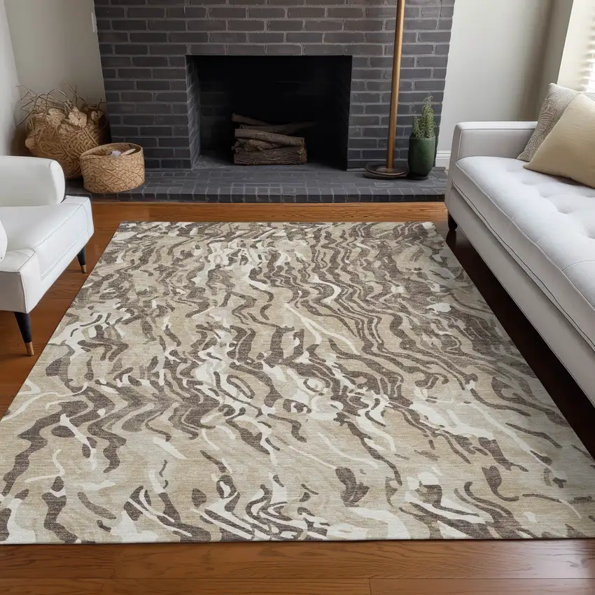 Beige Brown And Ivory Abstract Washable Indoor Outdoor Area Rug Photo 9