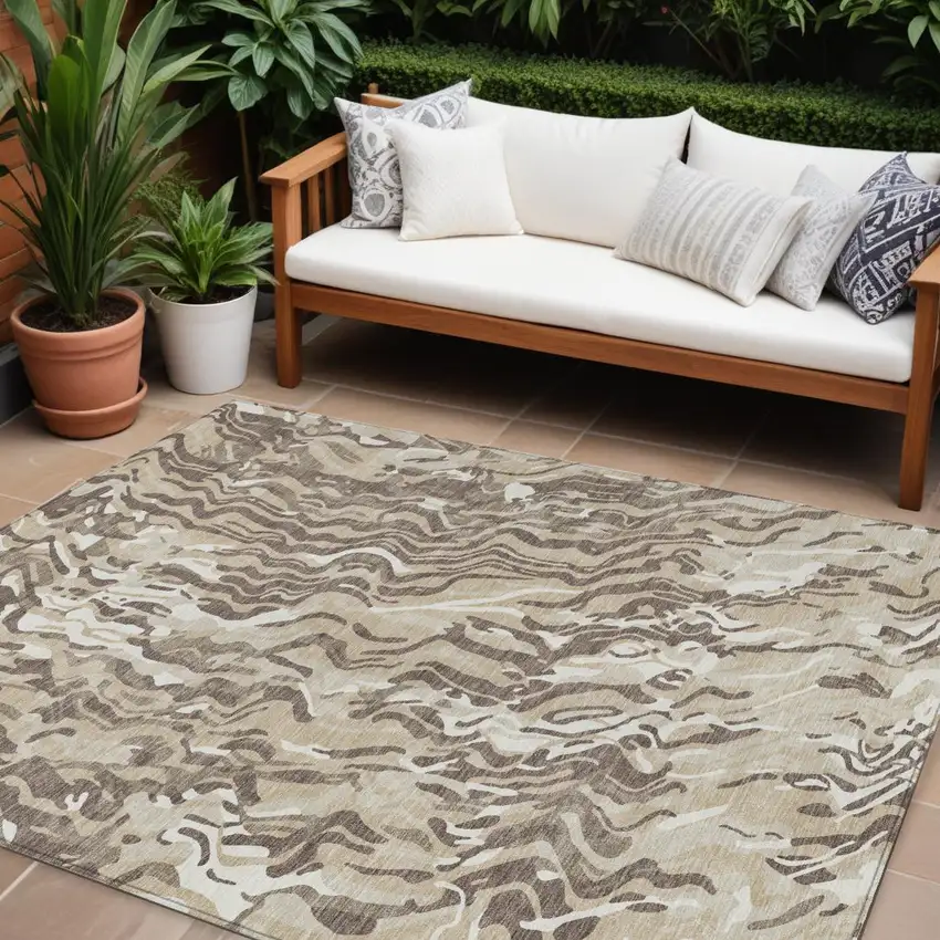 Beige Brown And Ivory Abstract Washable Indoor Outdoor Area Rug Photo 1