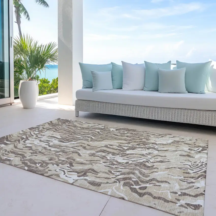 Beige Brown And Ivory Abstract Washable Indoor Outdoor Area Rug Photo 9