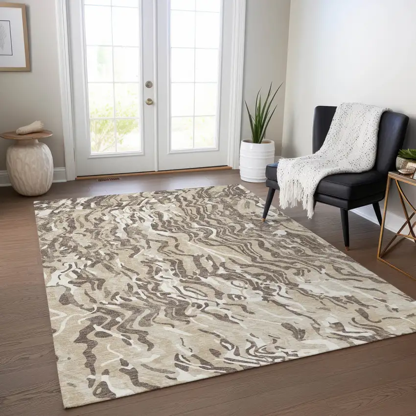 Beige Brown And Ivory Abstract Washable Indoor Outdoor Area Rug Photo 9