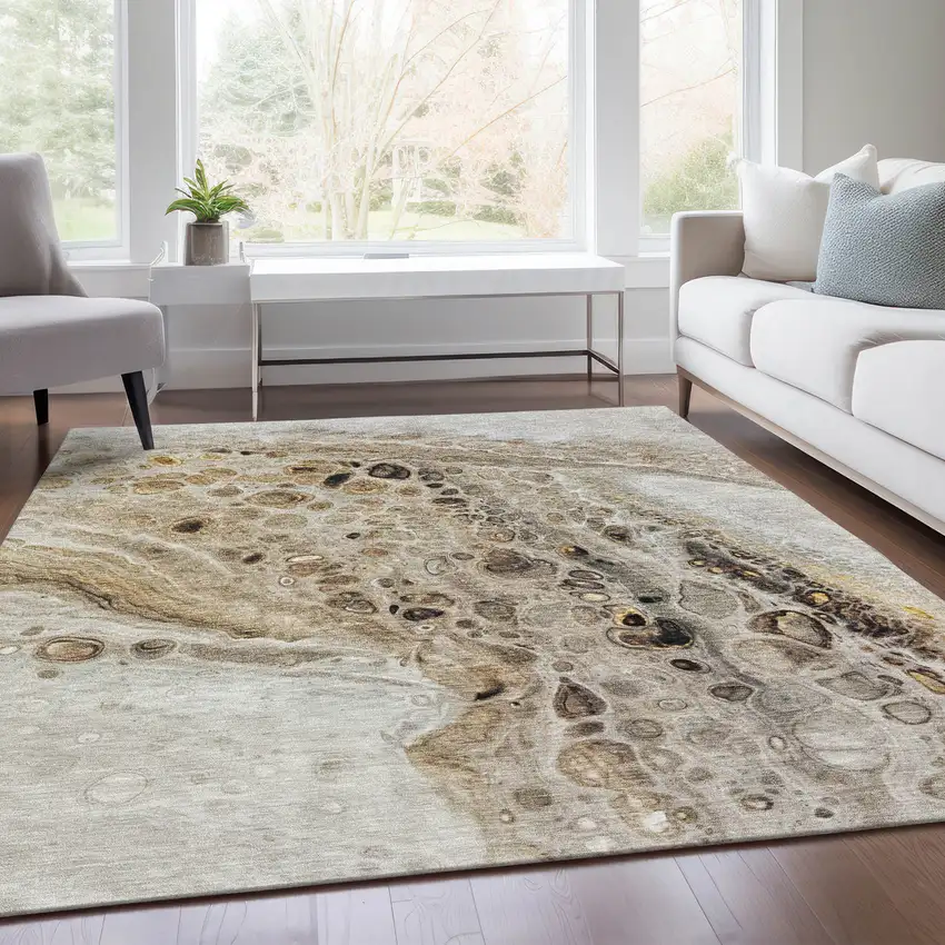 Beige Brown And Ivory Abstract Washable Indoor Outdoor Area Rug Photo 7