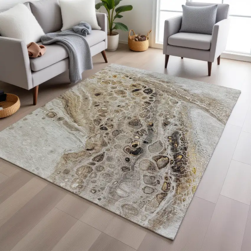 Beige Brown And Ivory Abstract Washable Indoor Outdoor Area Rug Photo 6