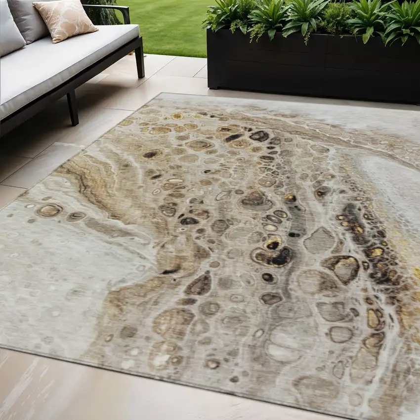 Beige Brown And Ivory Abstract Washable Indoor Outdoor Area Rug Photo 2