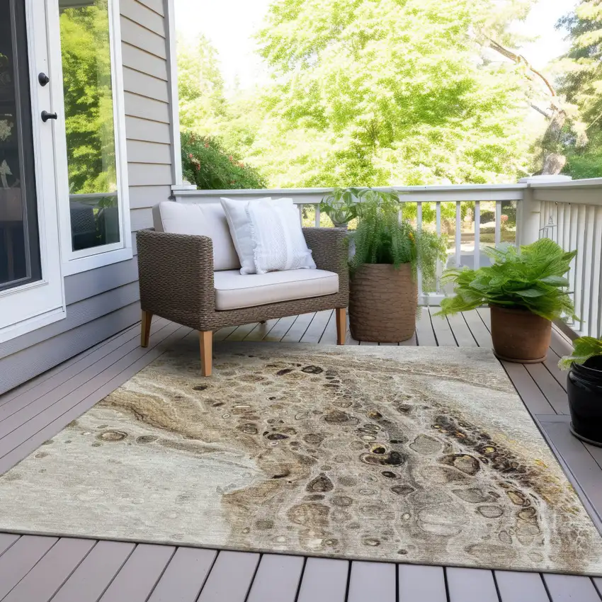 Beige Brown And Ivory Abstract Washable Indoor Outdoor Area Rug Photo 4