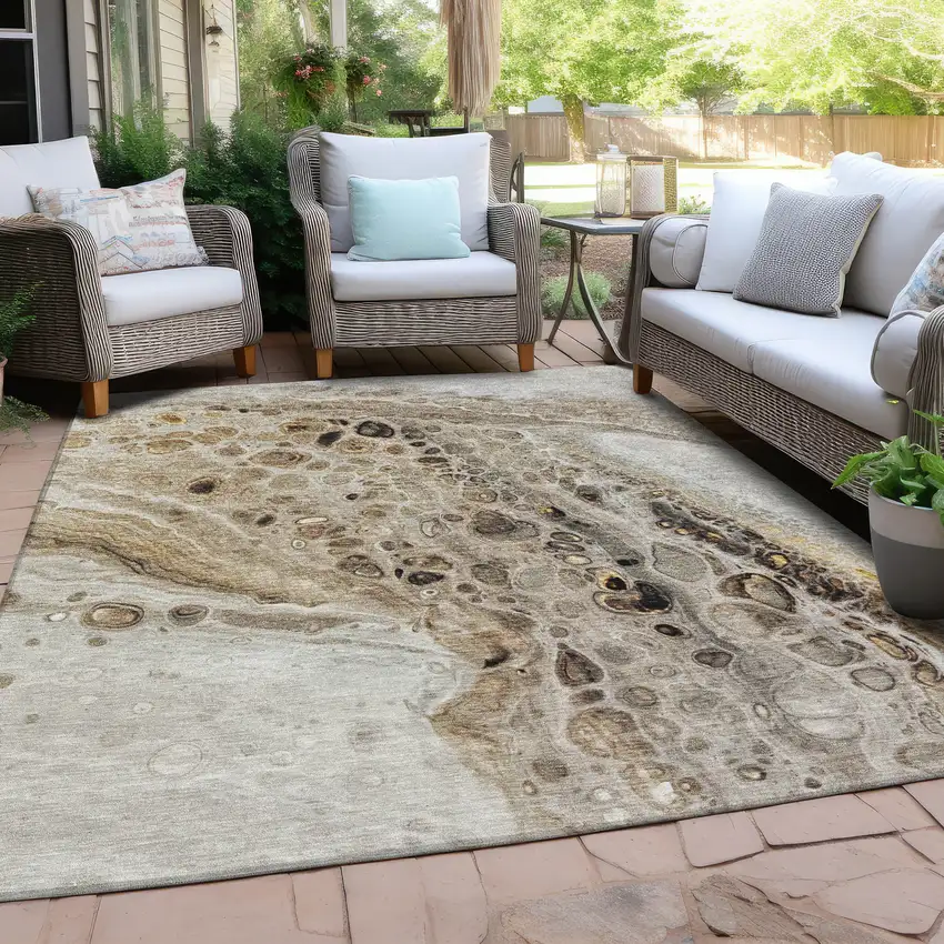 Beige Brown And Ivory Abstract Washable Indoor Outdoor Area Rug Photo 4