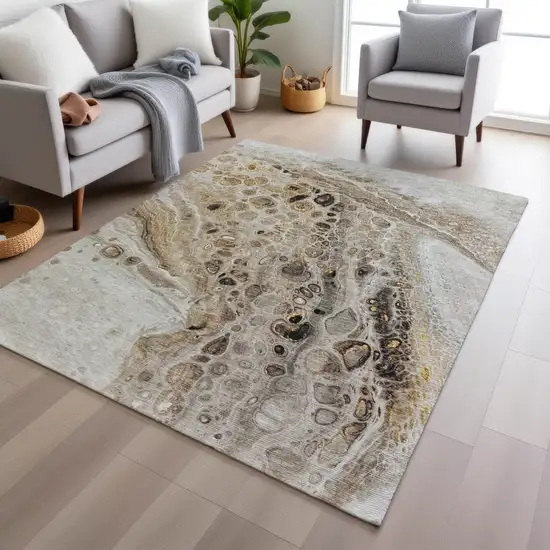 Beige Brown And Ivory Abstract Washable Indoor Outdoor Area Rug Photo 5